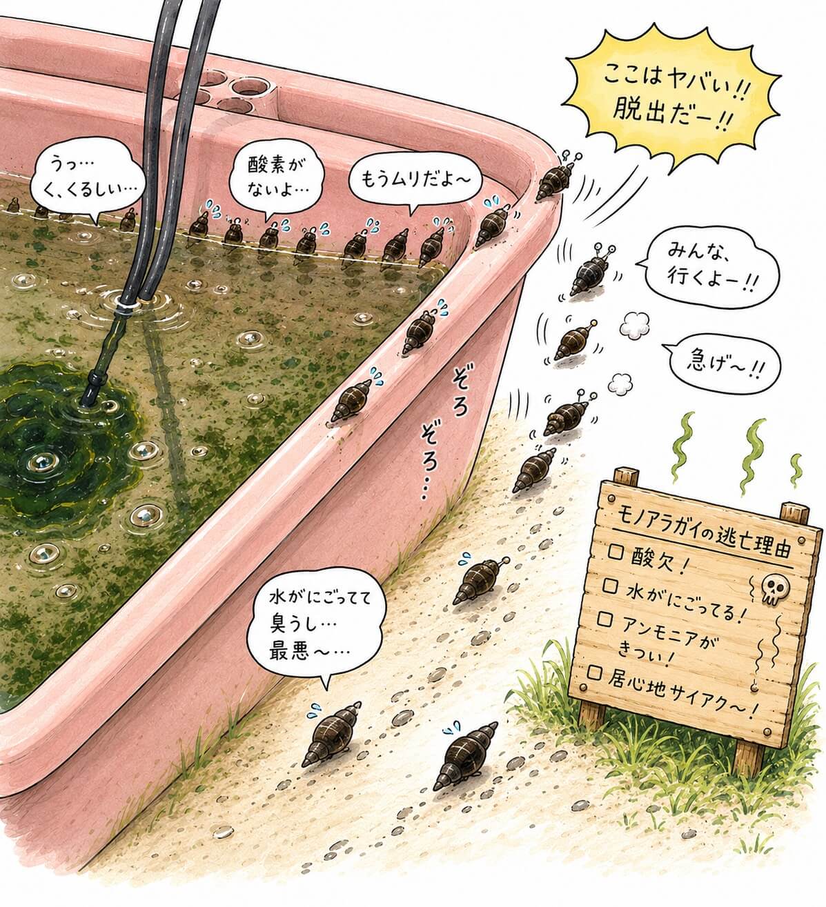 水質悪化でスネール(巻貝)が逃げる様子