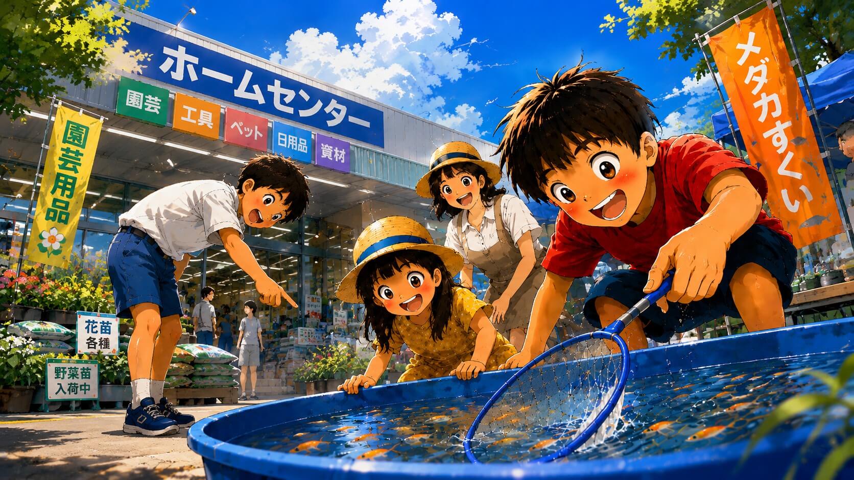 ホームセンターでメダカすくいしてる様子